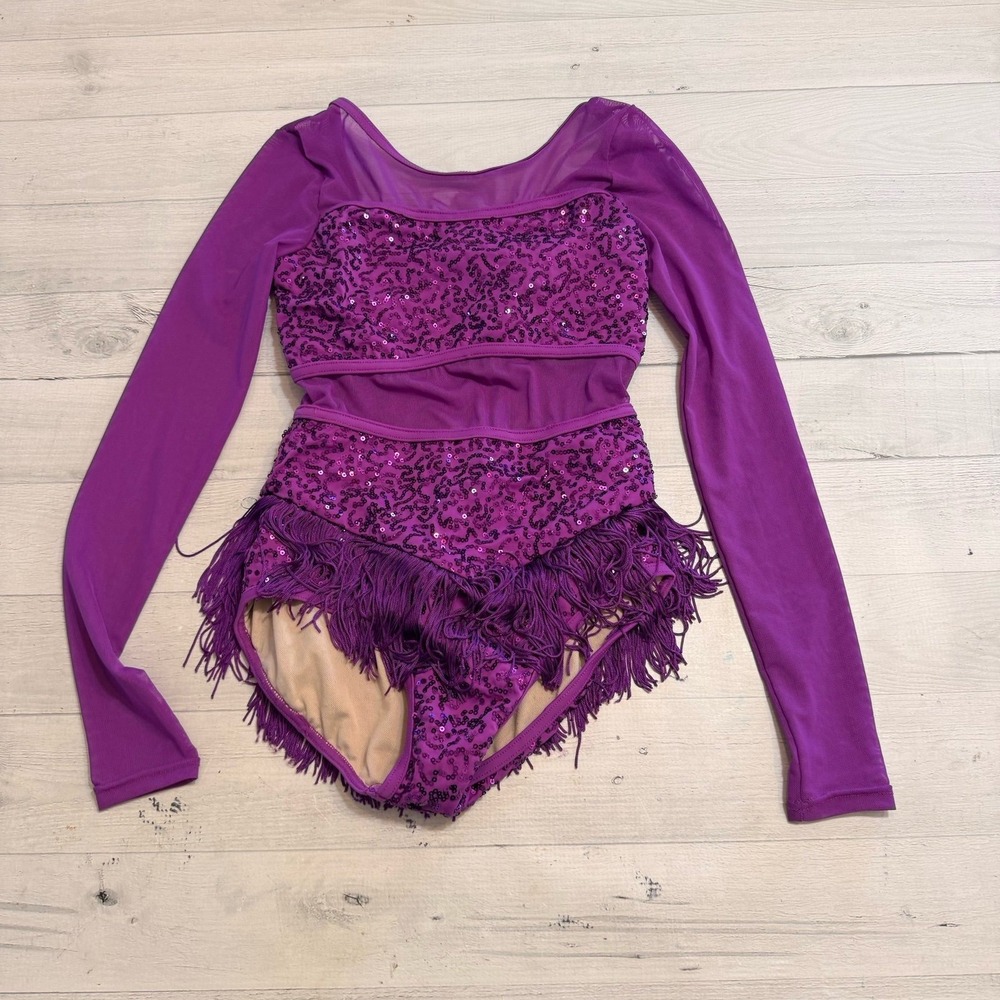 Weismann‎ girls long sleeve dance costume purple sequins tassel medium child